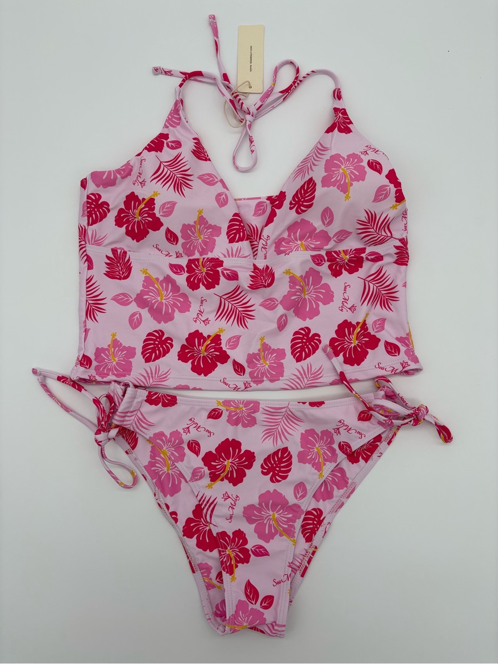 Pink Floral Halter Tankini Bikini Set - Women's Swim Two-Piece